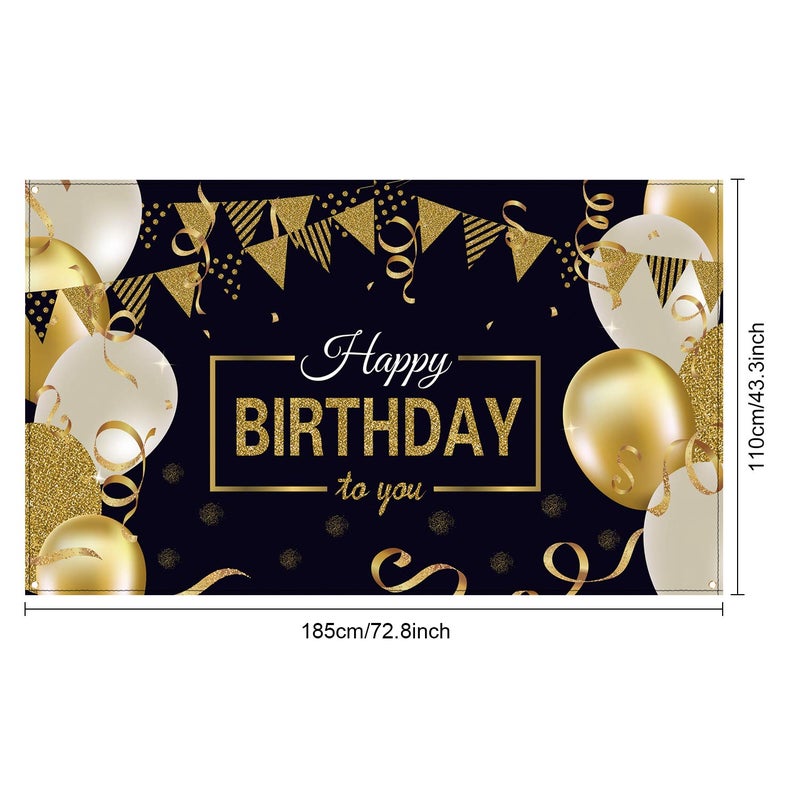 Blulu Happy Birthday Backdrop Banner Extra Large Birthday Sign Poster for Men Women Anniversary Party Photo Booth Backdrop Background Banner Decoration Supplies(Black and Gold) - Image 2